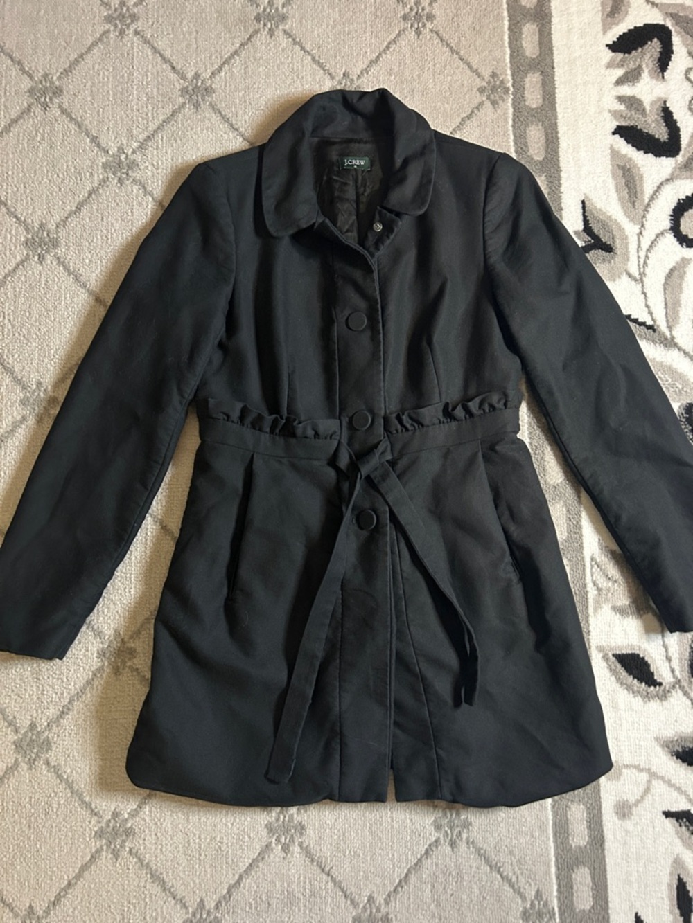 J. Crew Black Gamine Ruffle-Waist Belted Coat